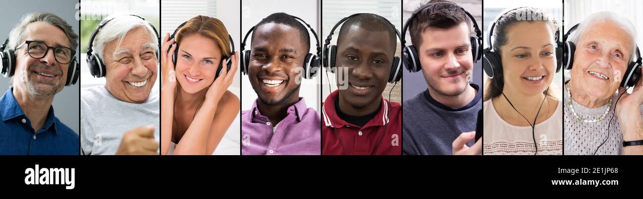 Casual People Listening Music On Headphones Collage Stock Photo