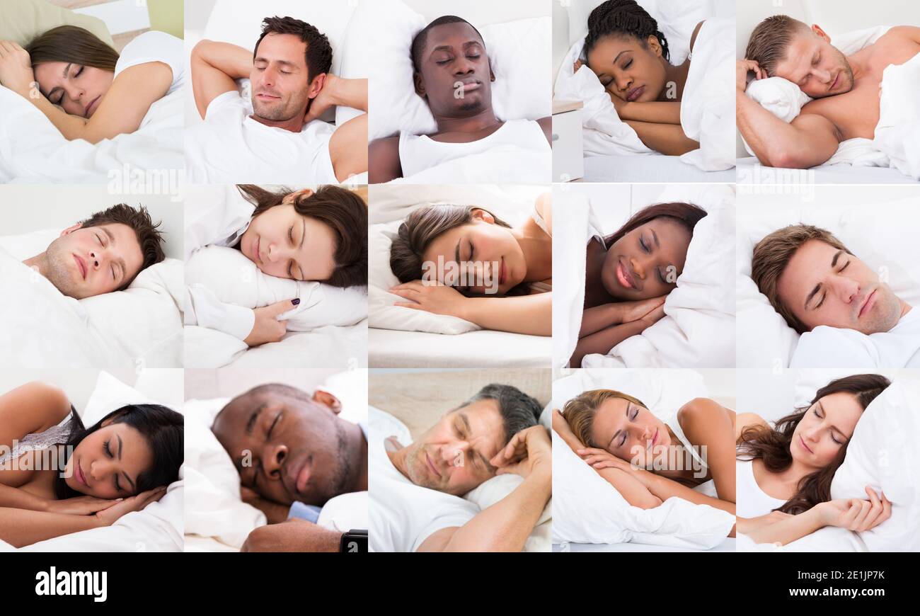 Diverse People Sleeping In Bed Photo Collage Stock Photo