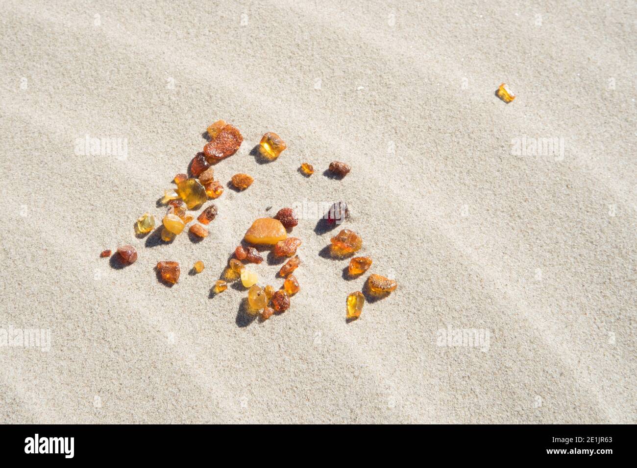 A handful of little pieces of amber in the sand collected on Baltic coast Latvia Stock Photo