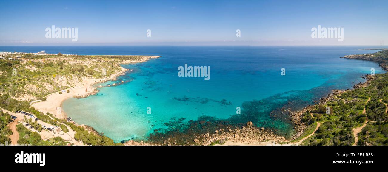 Aerial panoramic view of Konnos Beach and surrounding coastline - a popular tourist spot in Ayia Napa, Cyprus Stock Photo