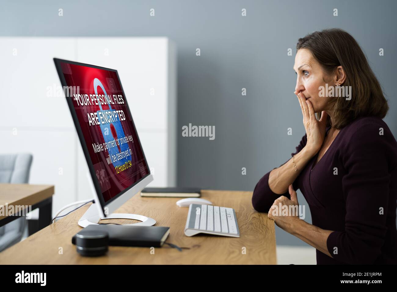 Ransomware Cyber Attack Hacker Text. Security Breach Stock Photo