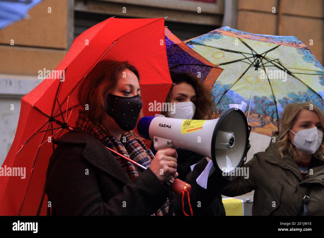 Today all schools of all class and levels should be reopened throughout the regional territory of Campania, as ordered by the Ministry of Education. The Decree number 1 of the Campania Region, has postponed the opening for kindergarten and the first two classes of primary school to the day 11 January. The other classes of the elementary school will enter the day 18 January. Finally, the middle schools and high schools on the day 25 January.Protest of teachers and students in front of the Offices of the Campania Region . They complain about the closure of schools for too long and the lack of fu Stock Photo