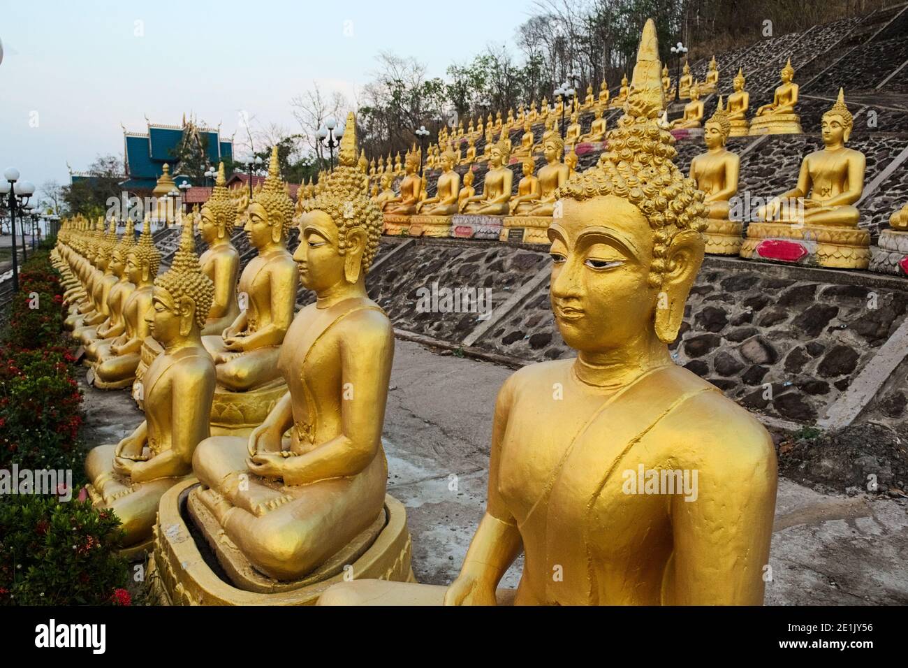 Rows of golden sitting Buddhas in Wat Phu Salao on the hill, Pakse