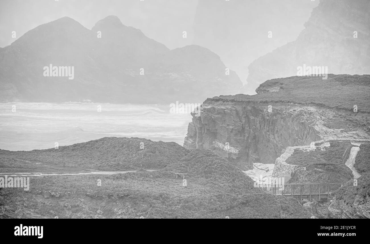 Black and white landscape at Porth beach Stock Photo