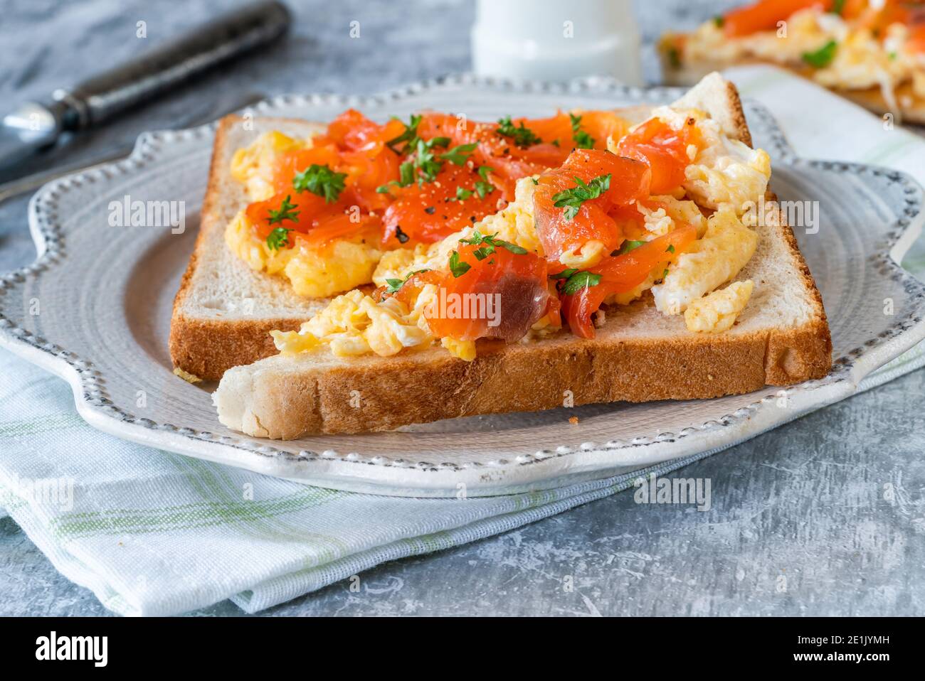 Scrambled egg on toast with smoked salmon Stock Photo Alamy