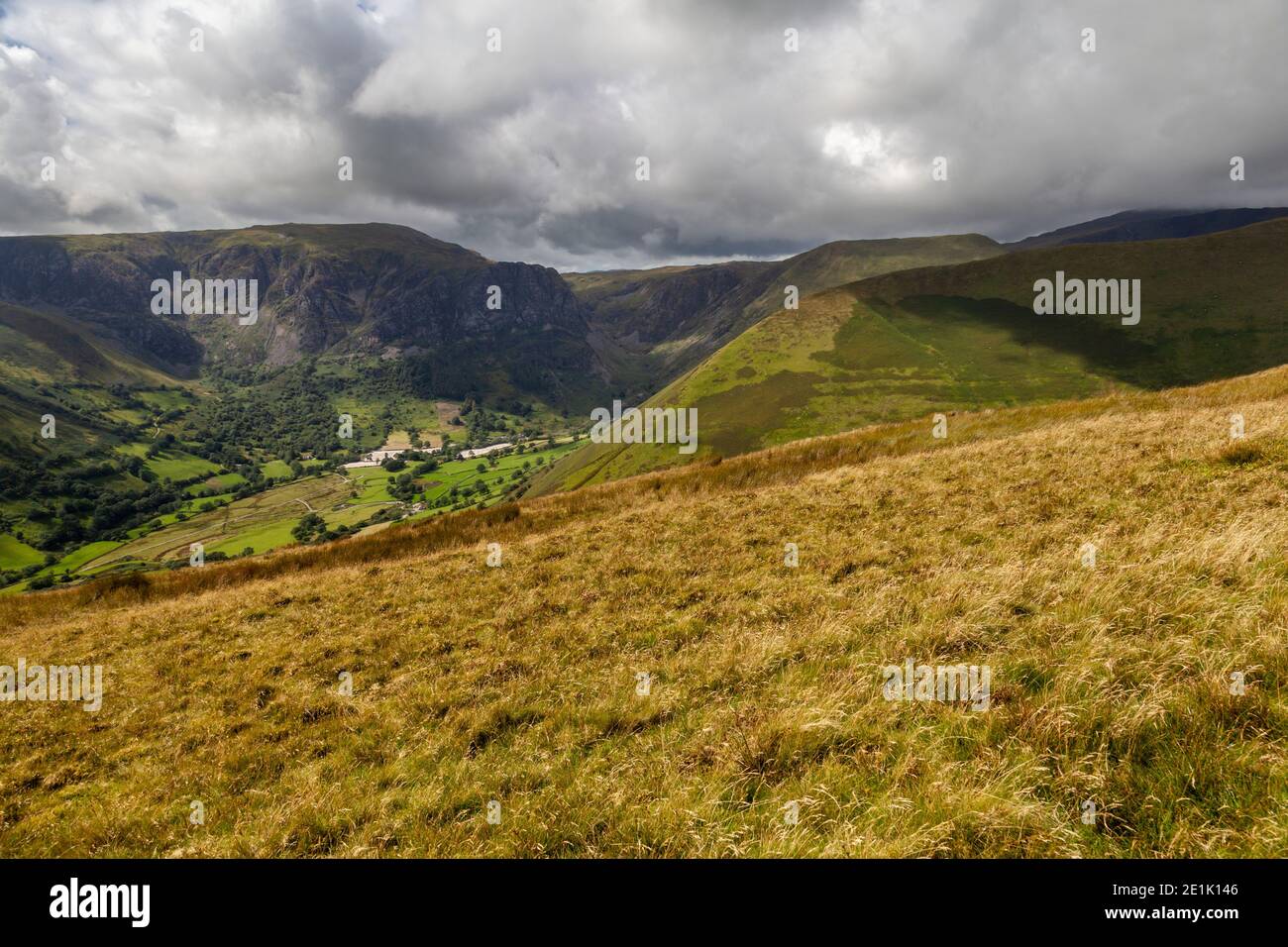 Aran Fawddwy and Cwm Cywarch viewed from the summit of Pen Yr Allt Uchaf, an area in the Snowdonia National Park' Wales Stock Photo