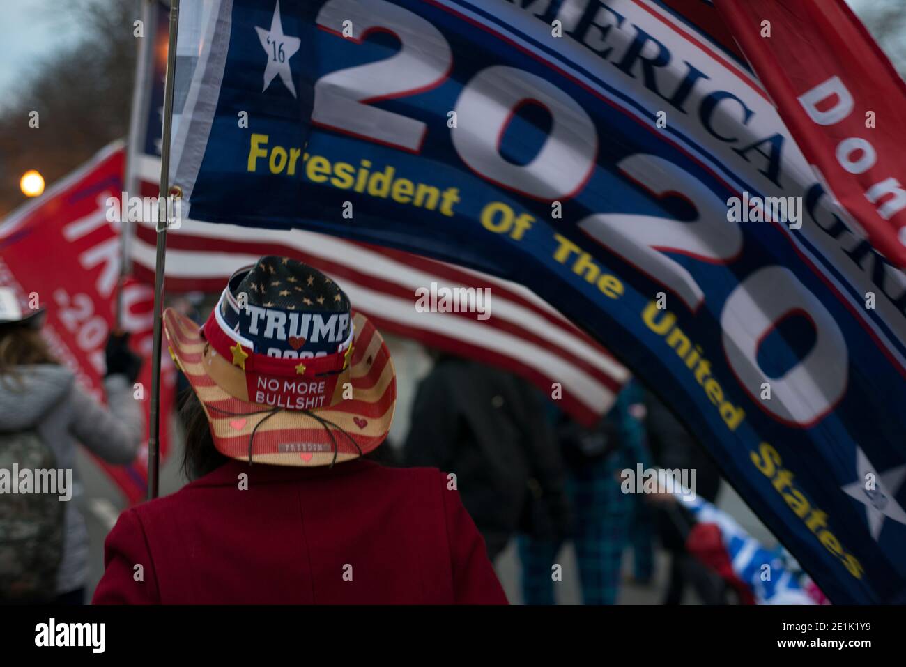January 6th 2021. Crowds of supporters for Trump wave flags at "Save