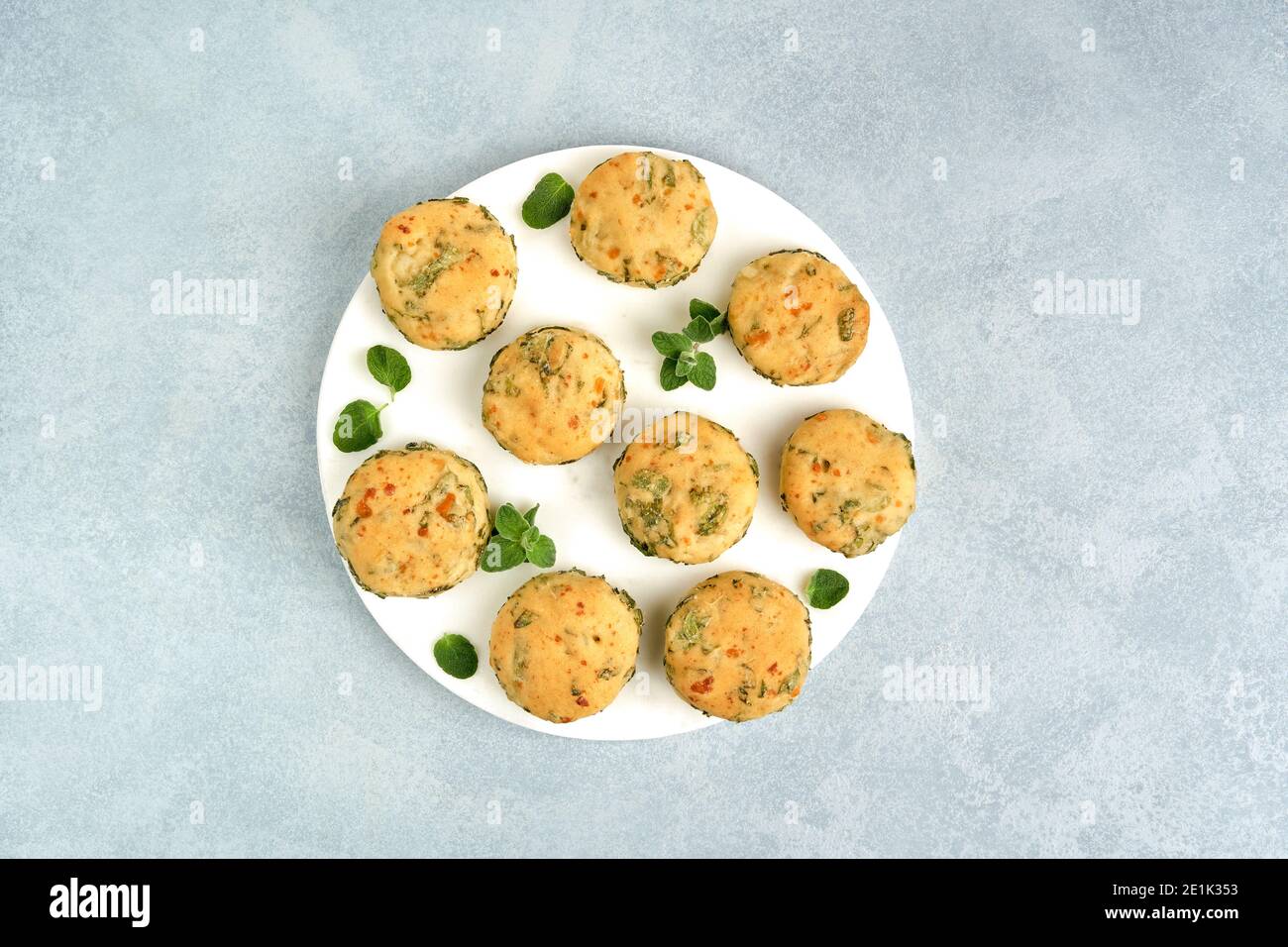 Homemade buns with fresh herbs and cheese. Top view with copy space Stock Photo