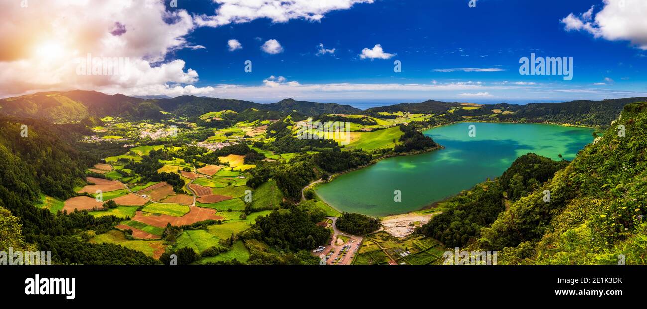 Aerial view of Lagoa das Furnas located on the Azorean island of Sao ...