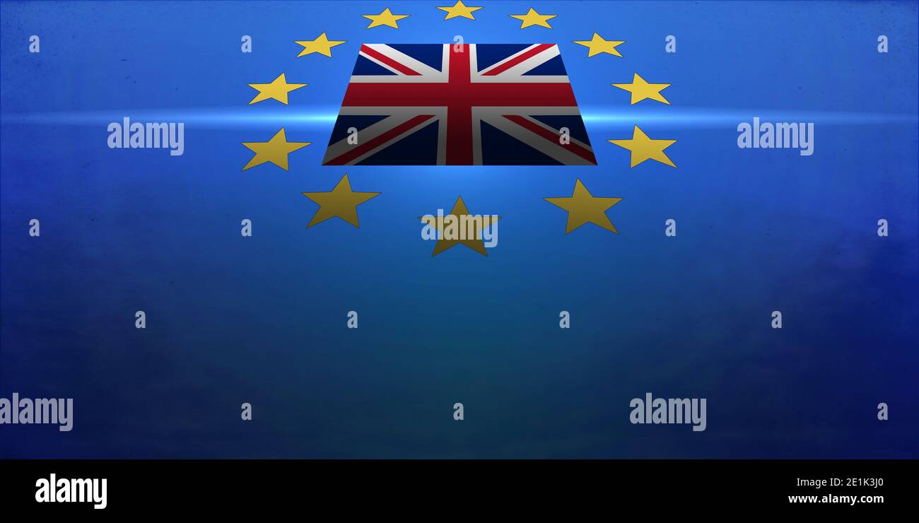 Illustration with the 12 gold stars of the European Union Flag with the  Union Jack flag of the United Kingdom on a blue background Stock Photo -  Alamy