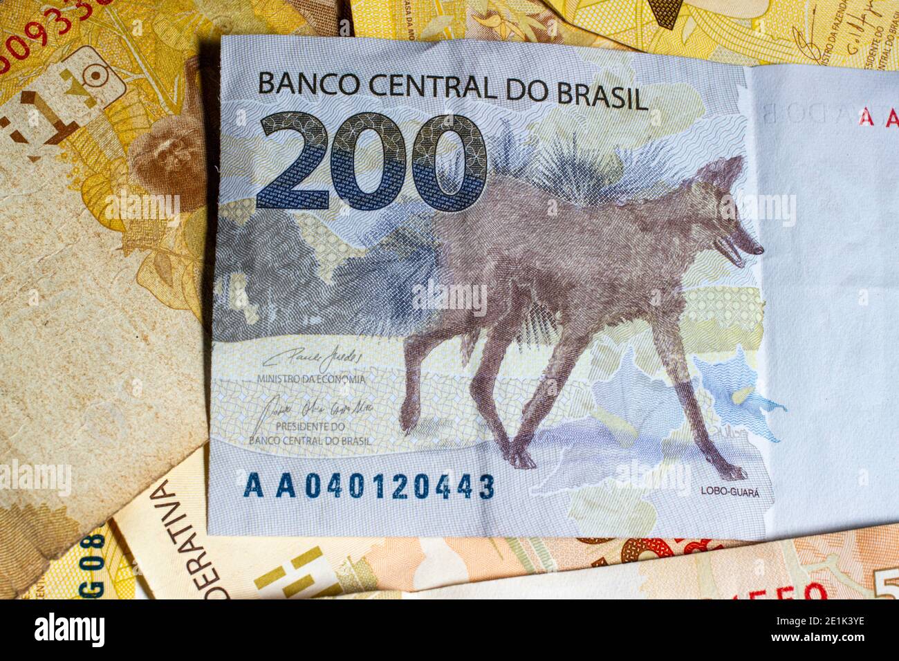 Brazilian money bill. Detail of Two hundred bill. Top view. Stock Photo