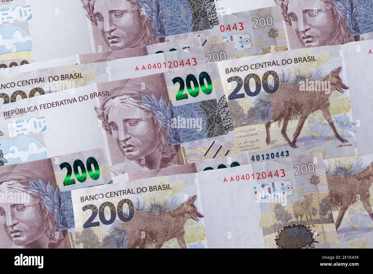 Brazilian money bill. Many two hundred bill. Top view. Stock Photo