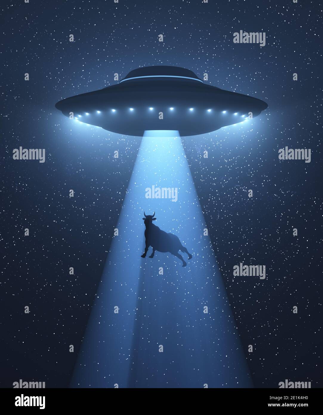 Unidentified flying object flying at night and levitating a cow with the tractor beam. 3D illustration. Stock Photo