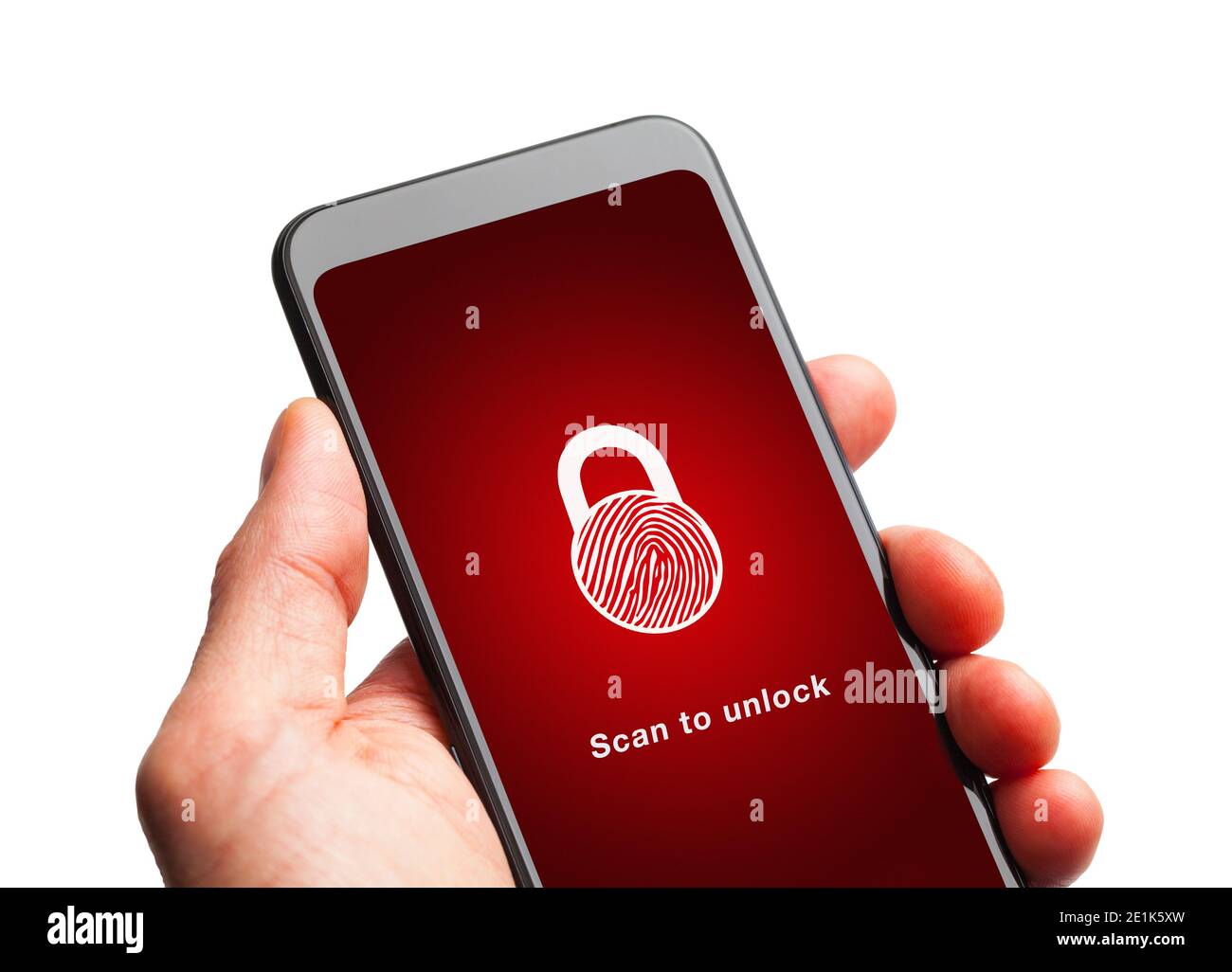 Hand Holding Smart Phone with Finger Print Scan to Unlock. Stock Photo