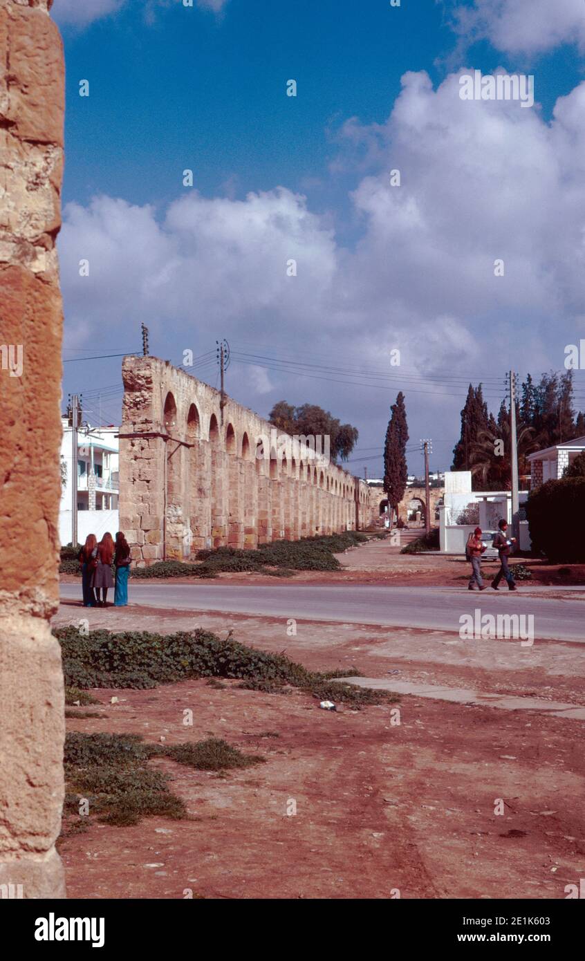 The Zaghouan Aqueduct or Aqueduct of Carthage of total length of 132 km from springs in Zaghouan to Carthage (now Tunis). Archival scan from a slide. April 1976. Stock Photo