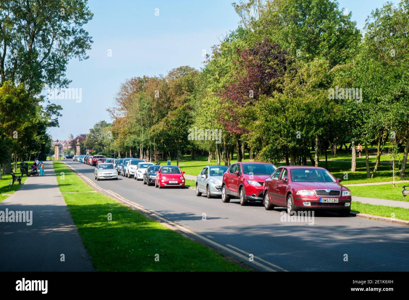 Cars parked on a bright sunny day with a car driving past along tree lined main driveway entrance to Stanley Park Blackpool Lancashire England UK Stock Photo