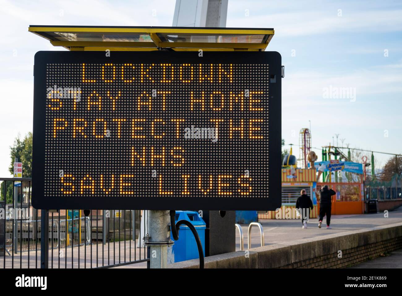 Lockdown warning electronic Matrix sign in Southend on Sea, Essex, UK, during the third COVID 19, Coronavirus lockdown. Stay home, protect the NHS Stock Photo