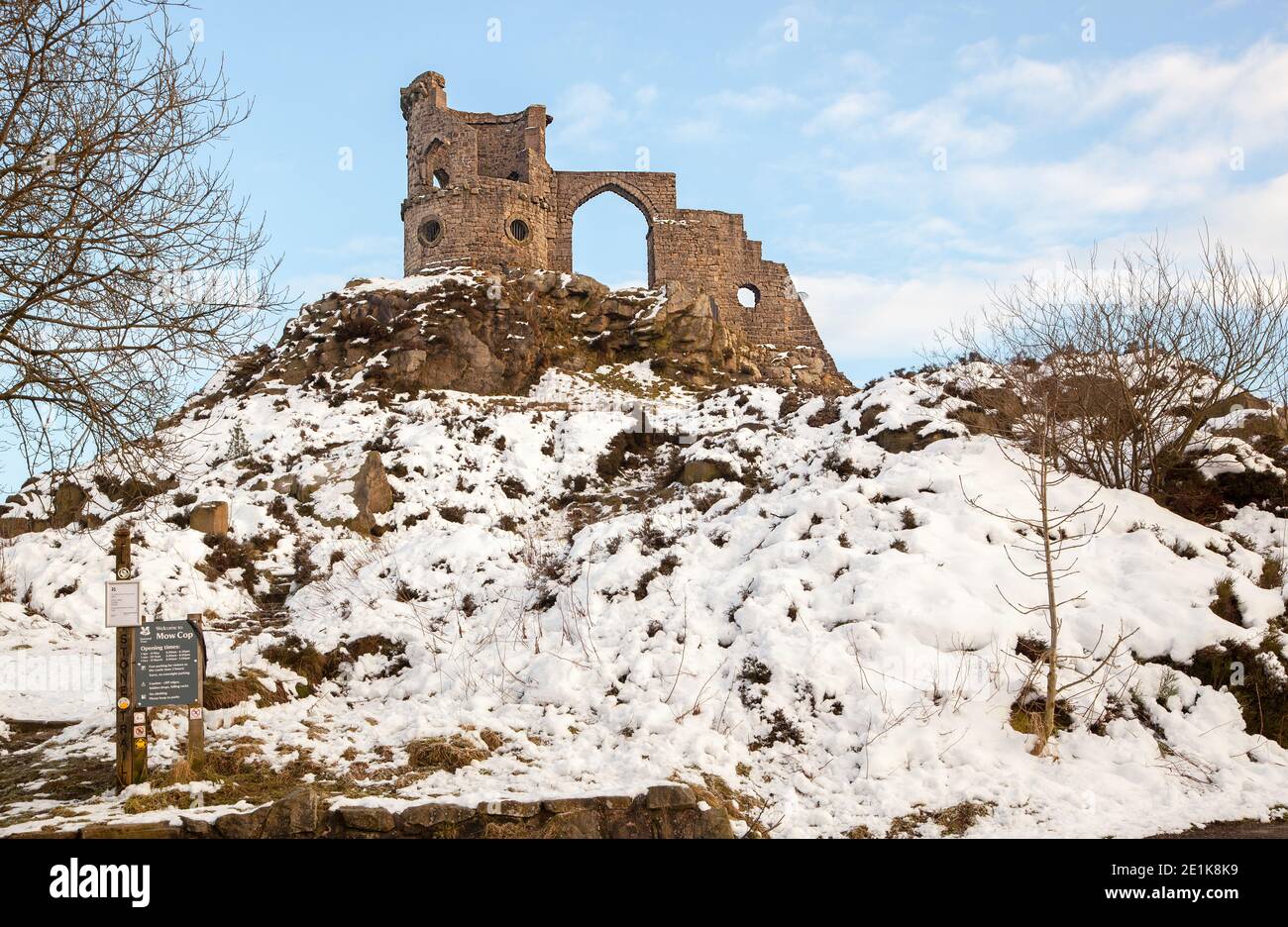 Mow Cop castle, the folly of a ruined castle in snow during winter, standing on the Gritstone trail and South Cheshire way long distance footpaths Stock Photo