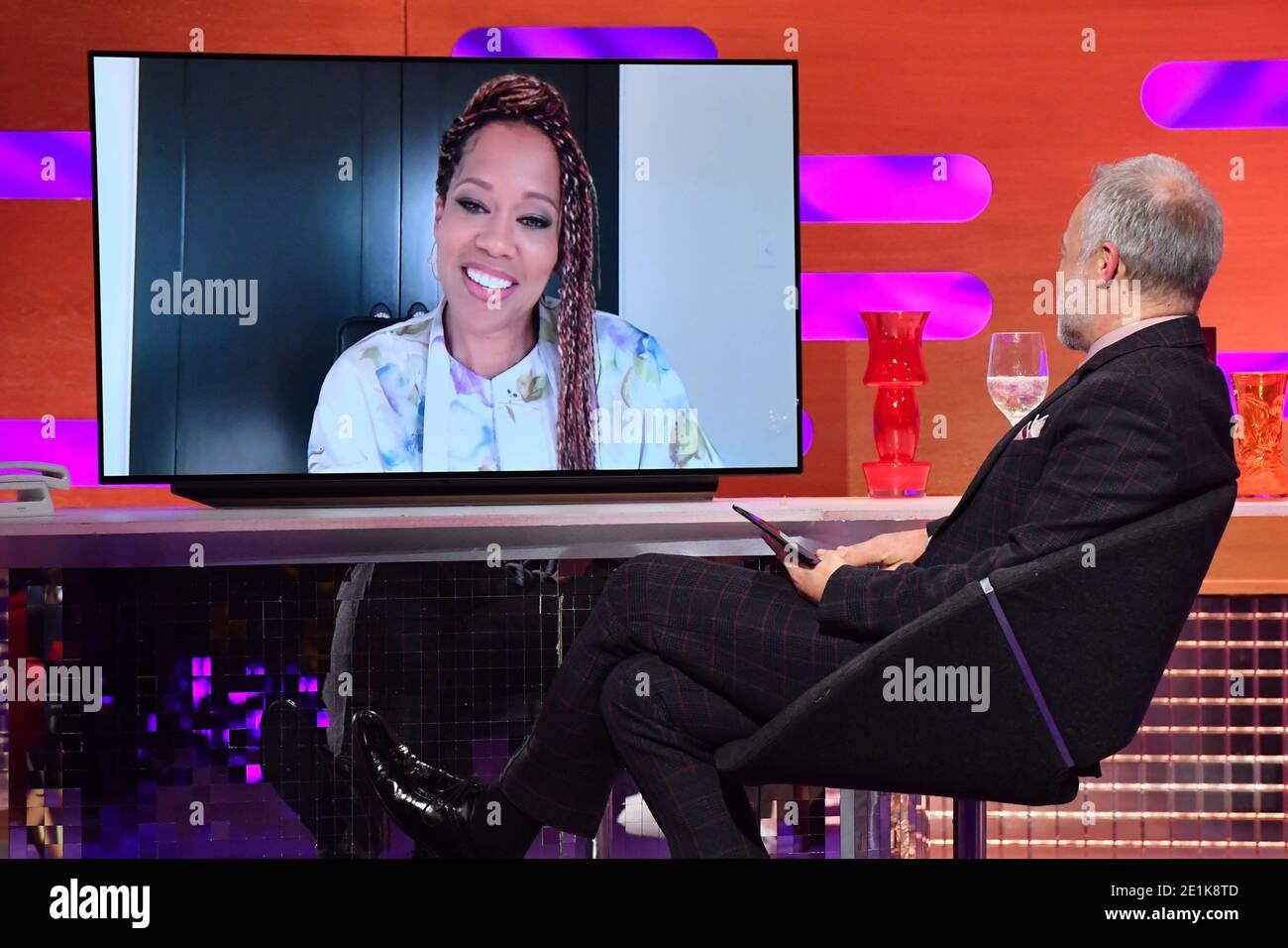 EDITORIAL USE ONLY Host Graham Norton interviews Regina King via videolink during the filming for the Graham Norton Show at BBC Studioworks 6 Television Centre, Wood Lane, London, to be aired on BBC One on Friday evening. Stock Photo