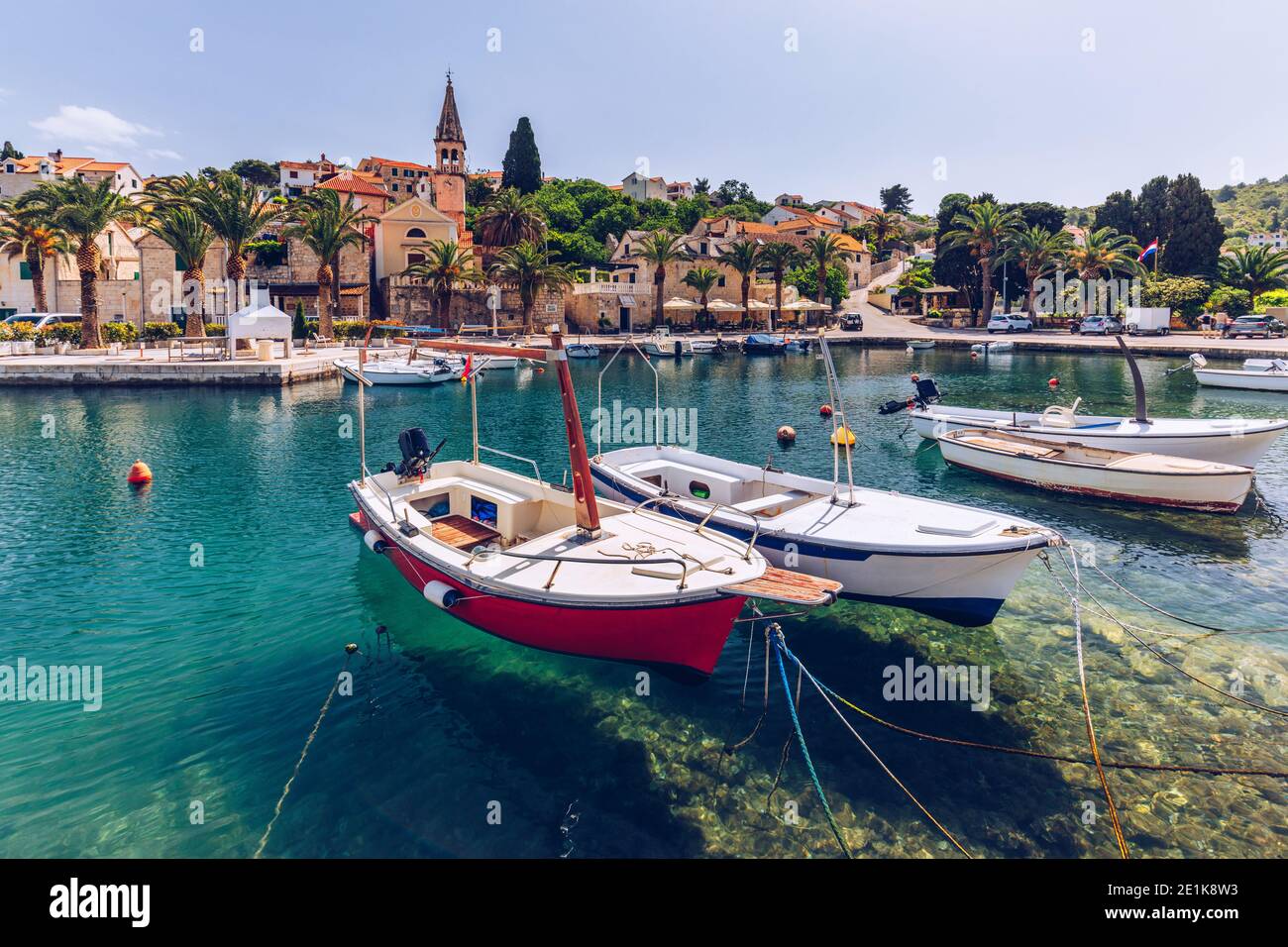 Fishing boats in Splitska village with beautiful port, Brac island ...
