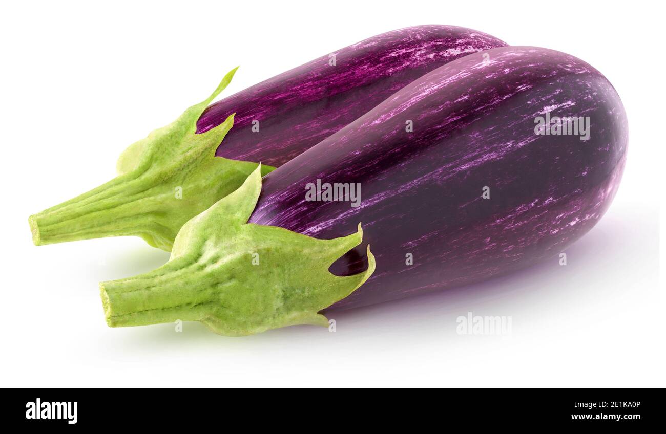 Isolated aubergines. Two raw purple eggplants isolated on white background Stock Photo
