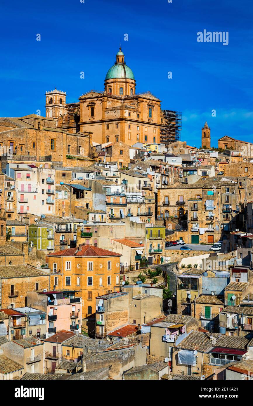 Piazza Armerina in the Enna province of Sicily in Italy. Piazza Armerina cityscape with the Cathedral SS. Assunta and old town, Sicily, Piazza Armerin Stock Photo