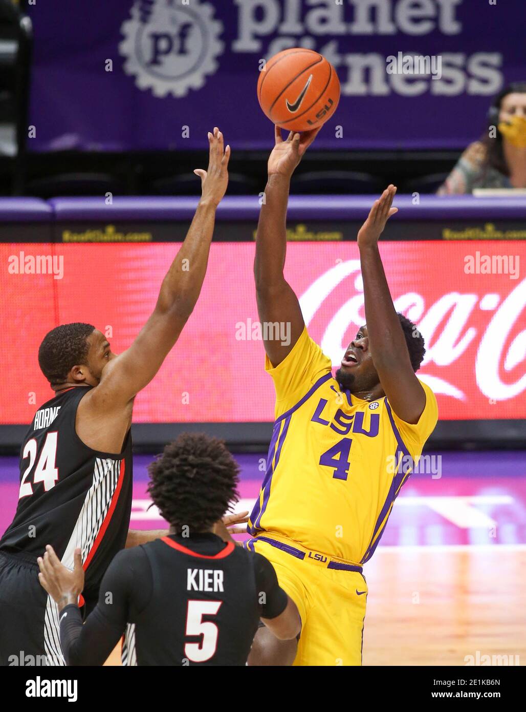 January 6, 2021: LSU Forward Darius Days (4) puts up a shot over Georgia's P.J. Horne (24) and Justin Kier (5) during NCAA Basketball action between the Georgia Bulldogs and the LSU Tigers at the Pete Maravich Assembly Center in Baton Rouge, LA. Jonathan Mailhes/CSM Stock Photo