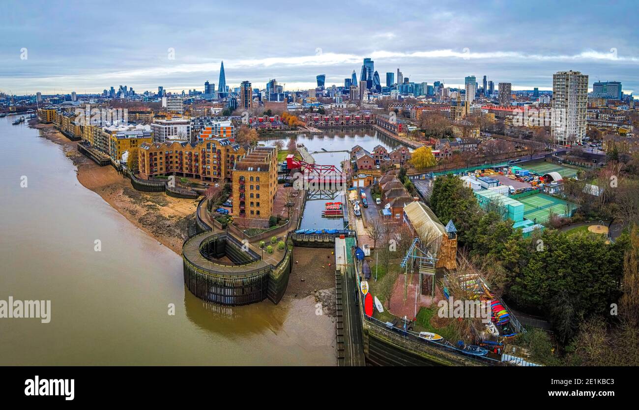 Aerial view of Shadwell Basin and the City of London, the historic