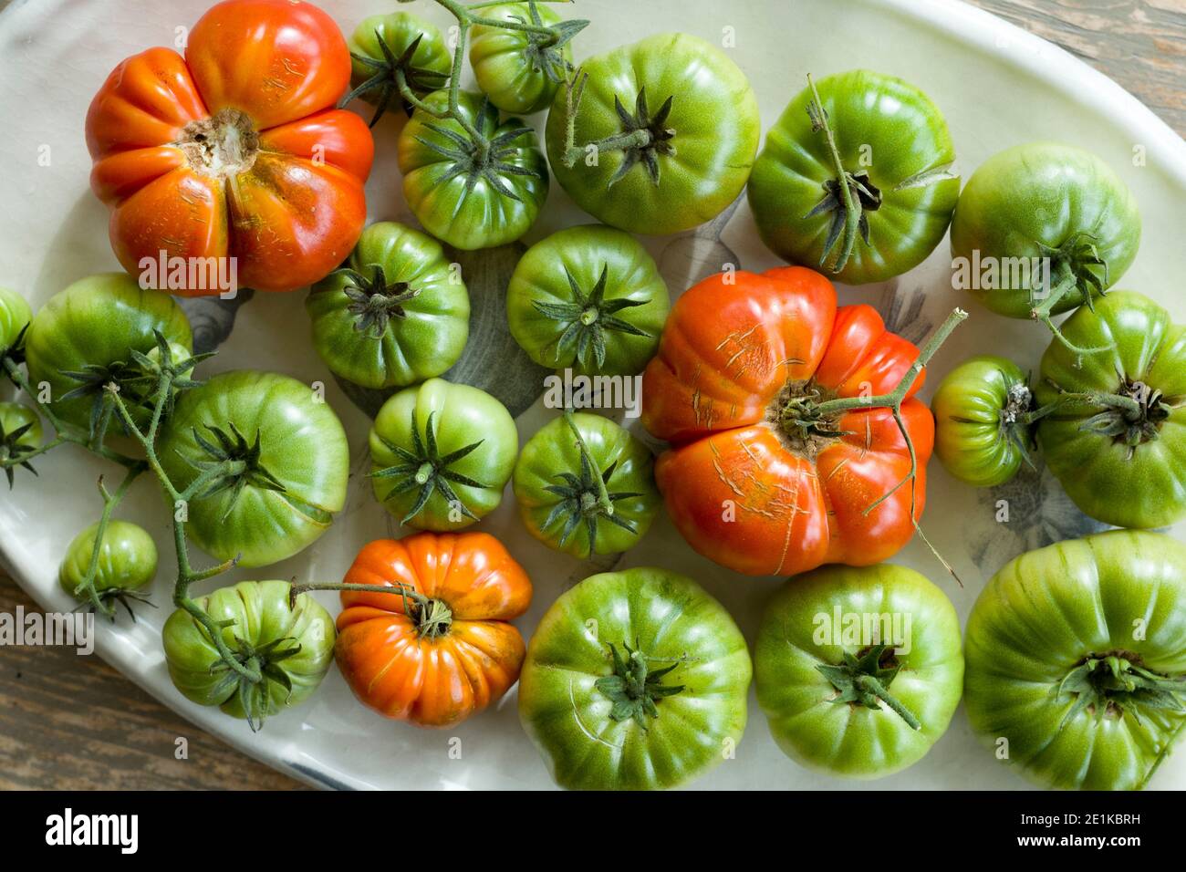 Striking red and green colours of home grown British tomatoes freshly plucked from a vine and placed on a china platter on a rustic table in England Stock Photo
