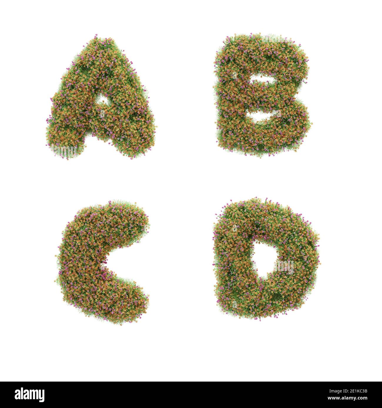 3D rendering of letter alphabet covered with grass and spring flowers - letters A-D Stock Photo
