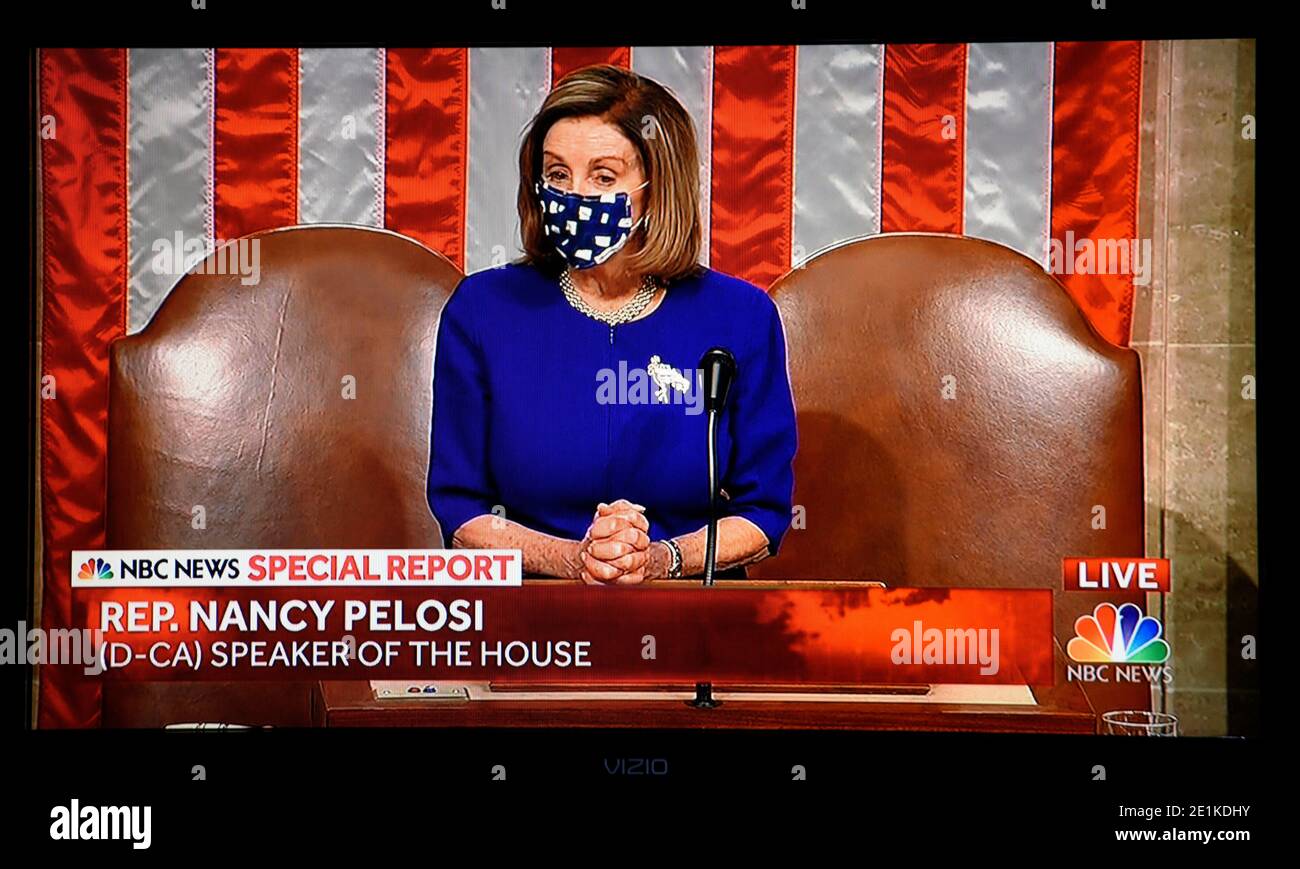An NBC television screenshot of Speaker of the House Nancy Pelosi speaking during a joint session of Congress to ratify the 2020 President election. Stock Photo