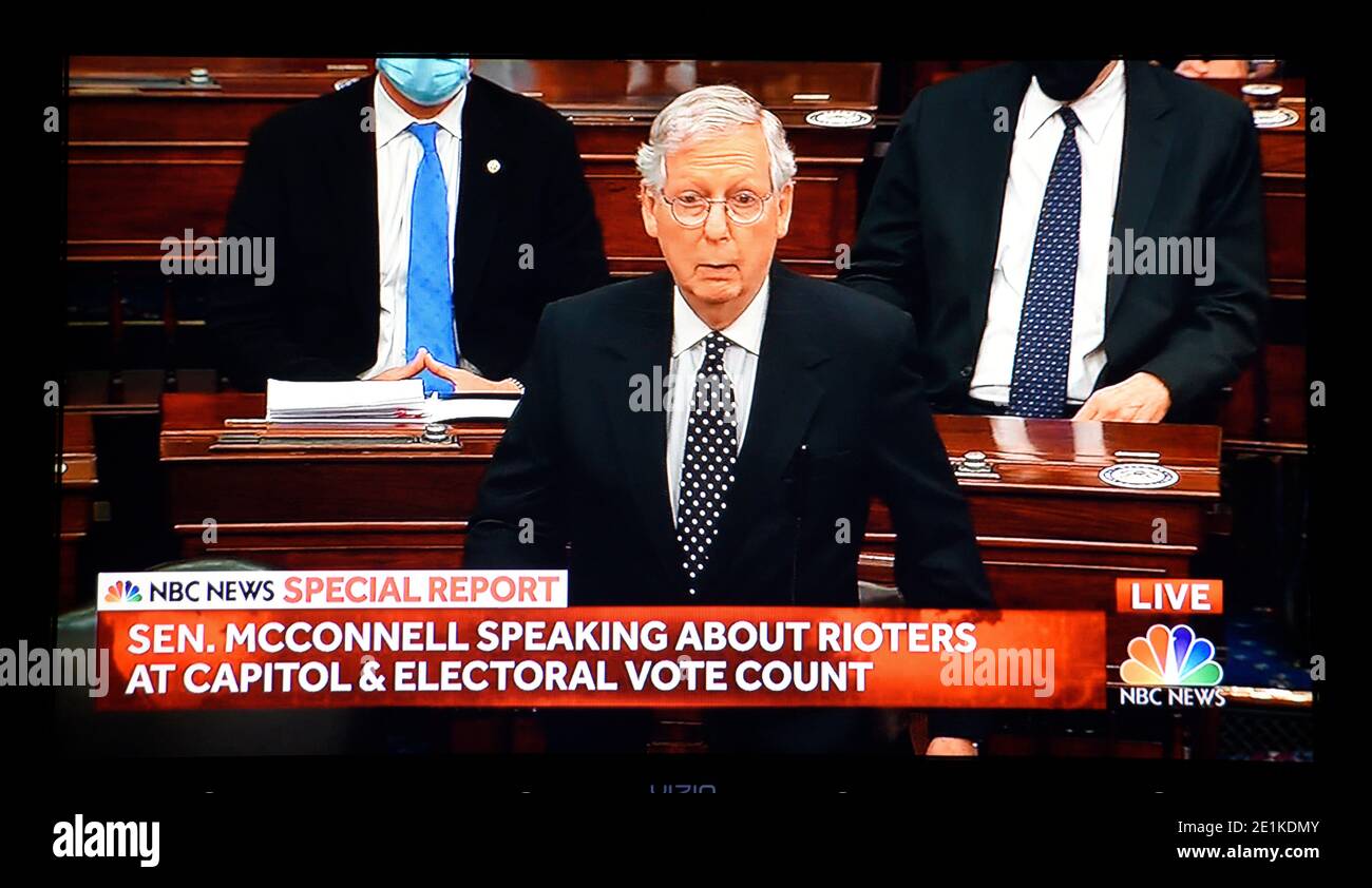 An NBC TV screenshot of Republican U.S. Senator Mitch McConnell speaking during a joint session of Congress to ratify the 2020 President election. Stock Photo