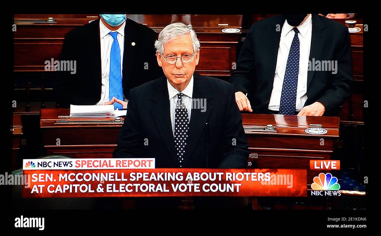 An NBC TV screenshot of Republican U.S. Senator Mitch McConnell speaking during a joint session of Congress to ratify the 2020 President election. Stock Photo