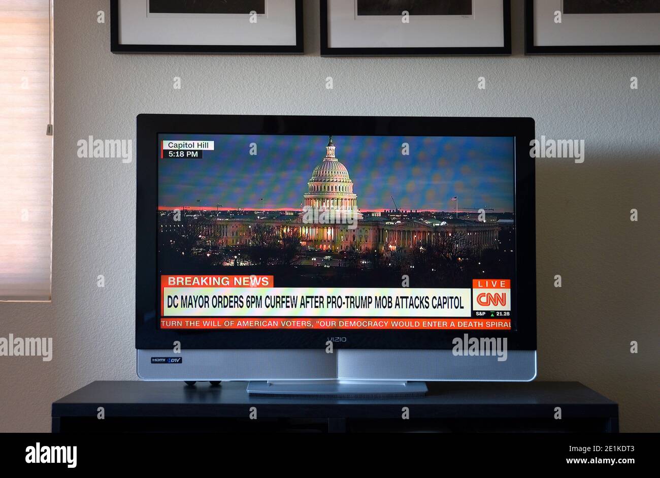 A CNN television screenshot of the U.S. Capitol Building after it was stormed by pro-Donald Trump demonstrators on Jan. 6, 2020. Stock Photo