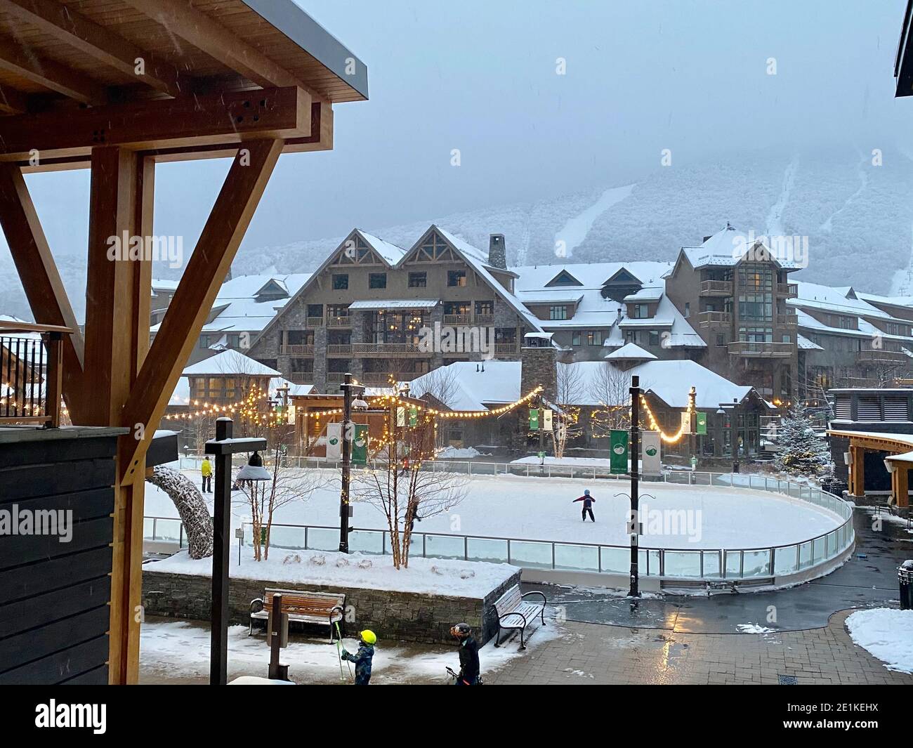 Ice skating rink at Stowe Mountain resort Spruce peak village, early