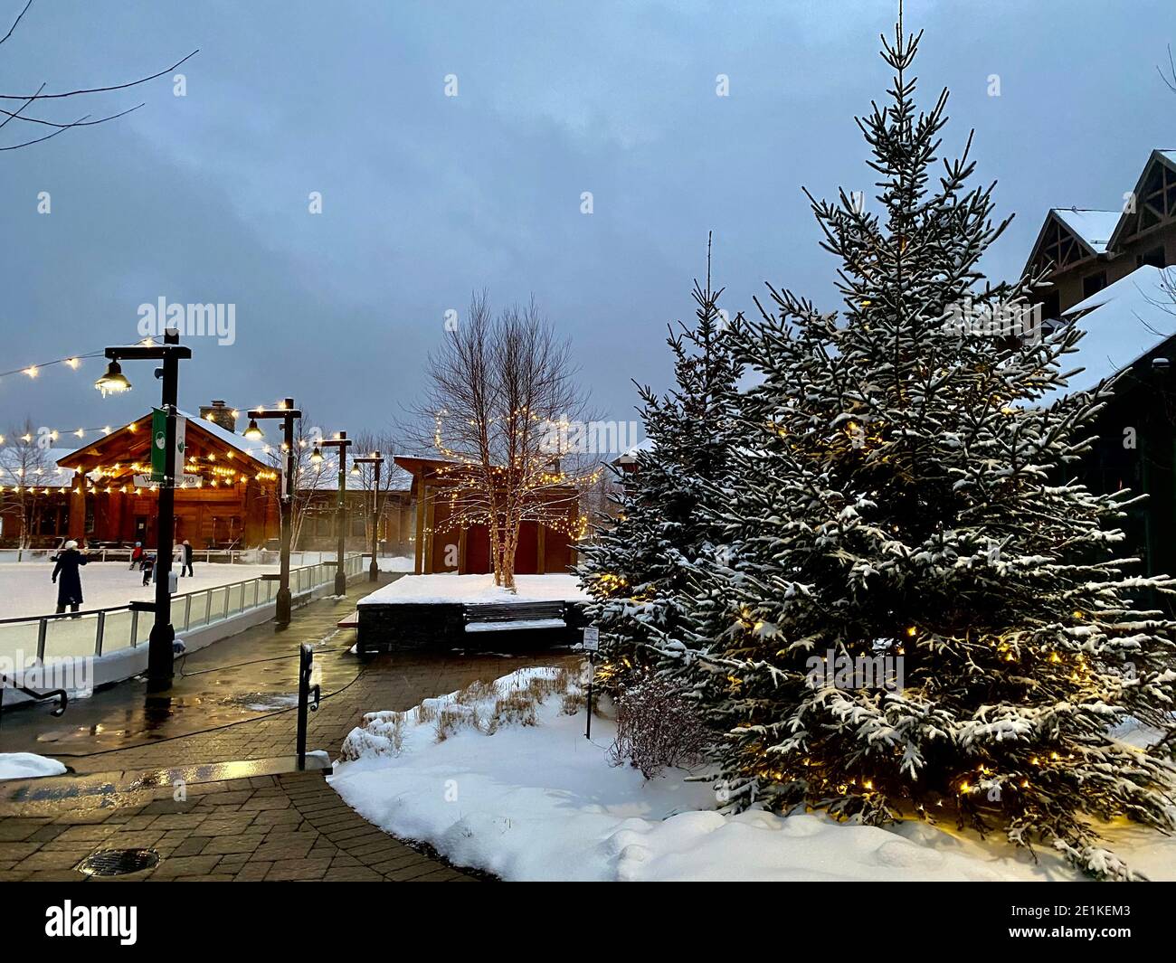 Stowe Mountain resort Spruce peak village at evening time early December 2020 Vermont, USA Stock Photo