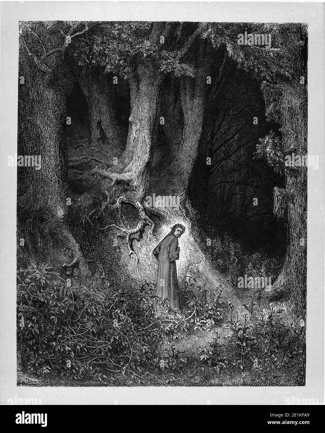 Gustave Doré's illustration to Dante's Inferno. Plate I: Canto I, Opening lines Date Originally 1857 Source Dante's Divine Comedy: Hell - Purgatory - Paradise. Illustrations by Gustave Doré, Quote under illustration:  Midway upon the journey of our life / I found myself within a forest dark / For the straightforward pathway had been lost. Stock Photo