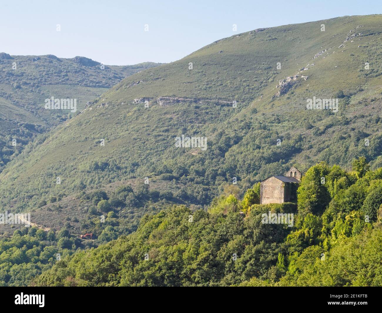 Little church on the steep hillside - Villar de Corrales, Castile and Leon, Spain Stock Photo