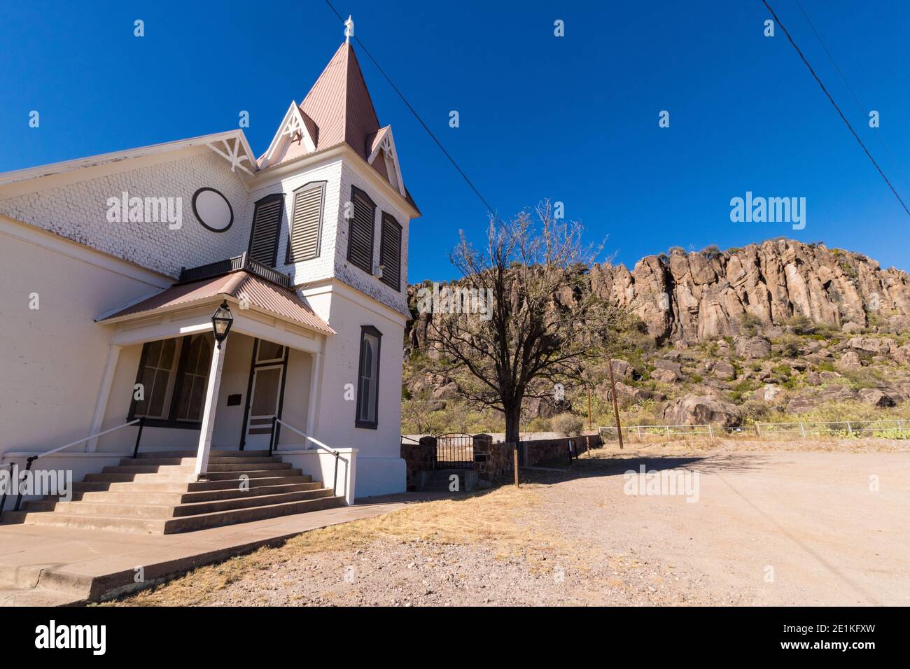 Old white church in West Texas in Fort Davis Texas Stock Photo