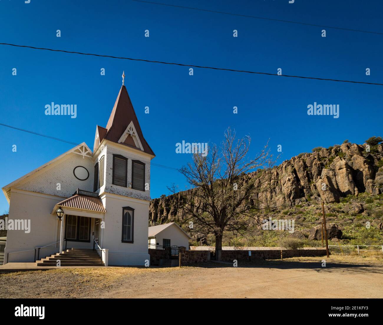 Old white church in West Texas in Fort Davis Texas Stock Photo