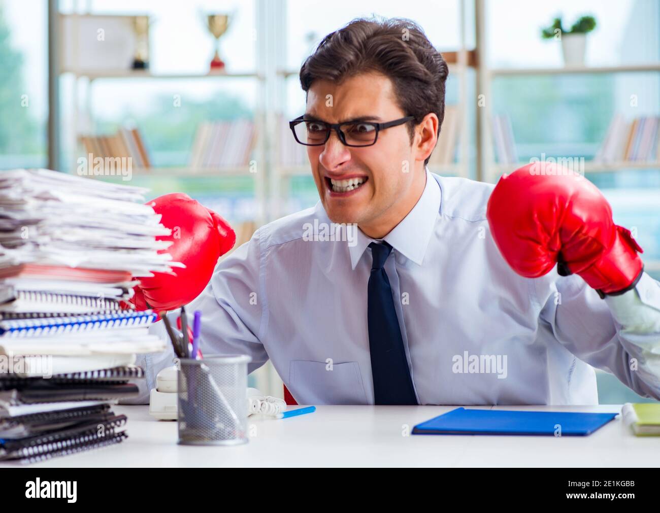 The businessman with boxing gloves in the office Stock Photo - Alamy