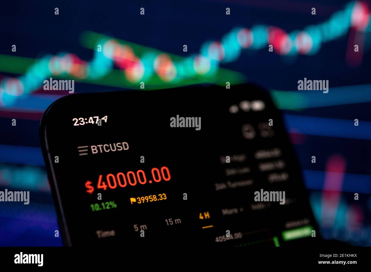 Cologne, Germany. 08th Jan, 2021. ILLUSTRATION - A mobile phone shows the  price of bitcoin on the crypto exchange bybit. On the trading platform  Bitstamp, one Bitcoin cost more than 40,000 US