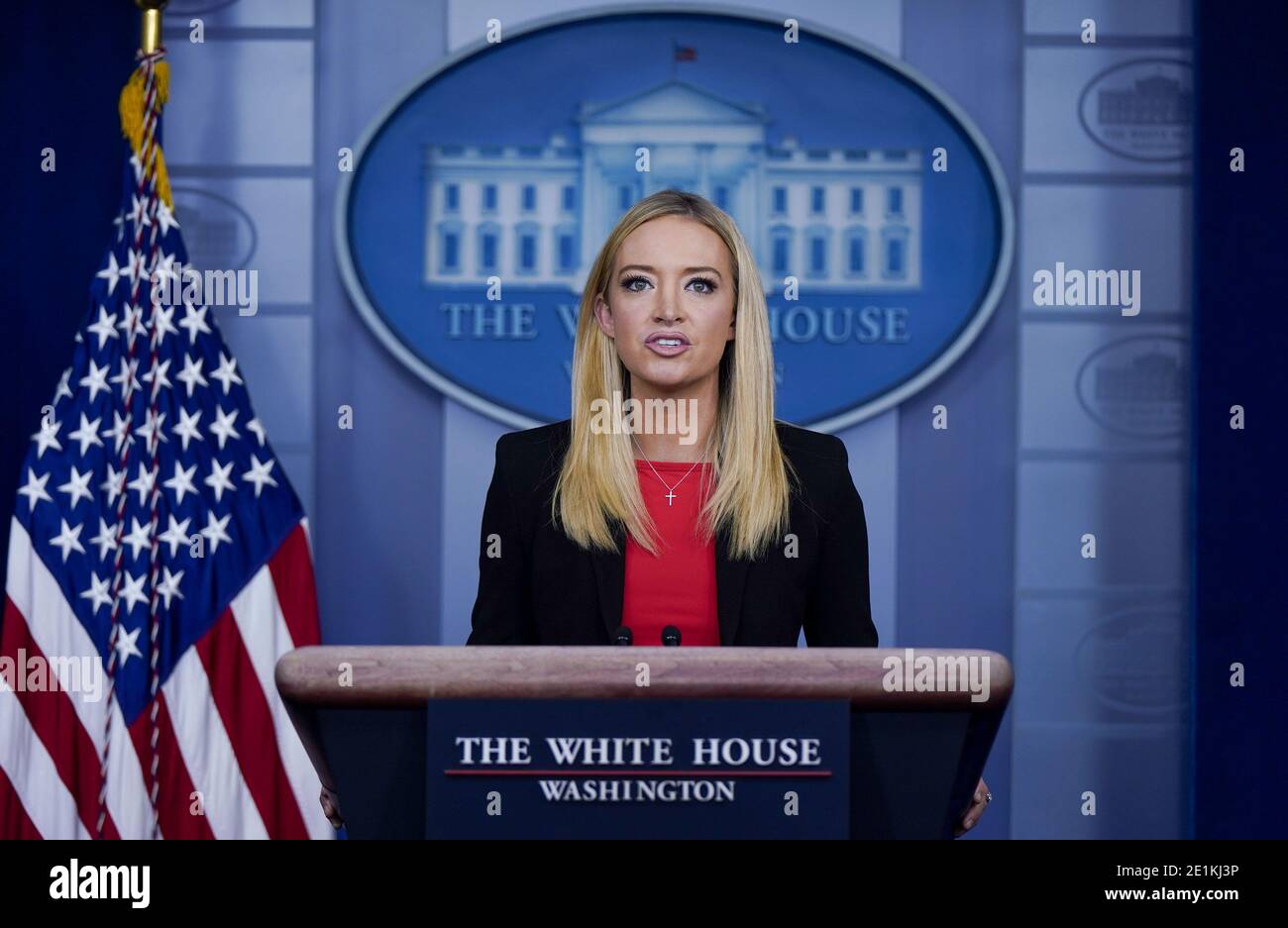 Washington, United States. 07th Jan, 2021. Kayleigh McEnany, White House press secretary, speaks during a news briefing at the White House on Thursday, January 7, 2021 in Washington, DC. McEnany attempted to distance President Donald Trump's administration from riots at the Capitol he fomented. Photo by Leigh Vogel/UPI Credit: UPI/Alamy Live News Stock Photo