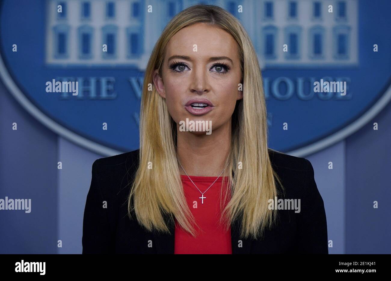 Washington, United States. 07th Jan, 2021. Kayleigh McEnany, White House press secretary, speaks during a news briefing at the White House on Thursday, January 7, 2021 in Washington, DC. McEnany attempted to distance President Donald Trump's administration from riots at the Capitol he fomented. Photo by Leigh Vogel/UPI Credit: UPI/Alamy Live News Stock Photo