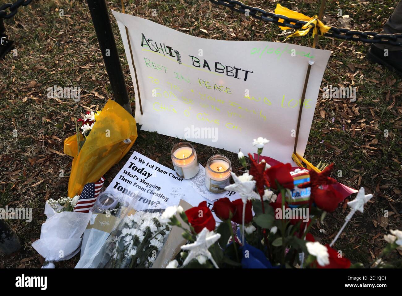 A makeshift monument for Ashli Babbitt, who was shot and died next day after U.S. Capitol was stormed, is seen on Capitol Hill in Washington on January 7, 2021. Photo by Yuri Gripas/ABACAPRESS.COM Stock Photo