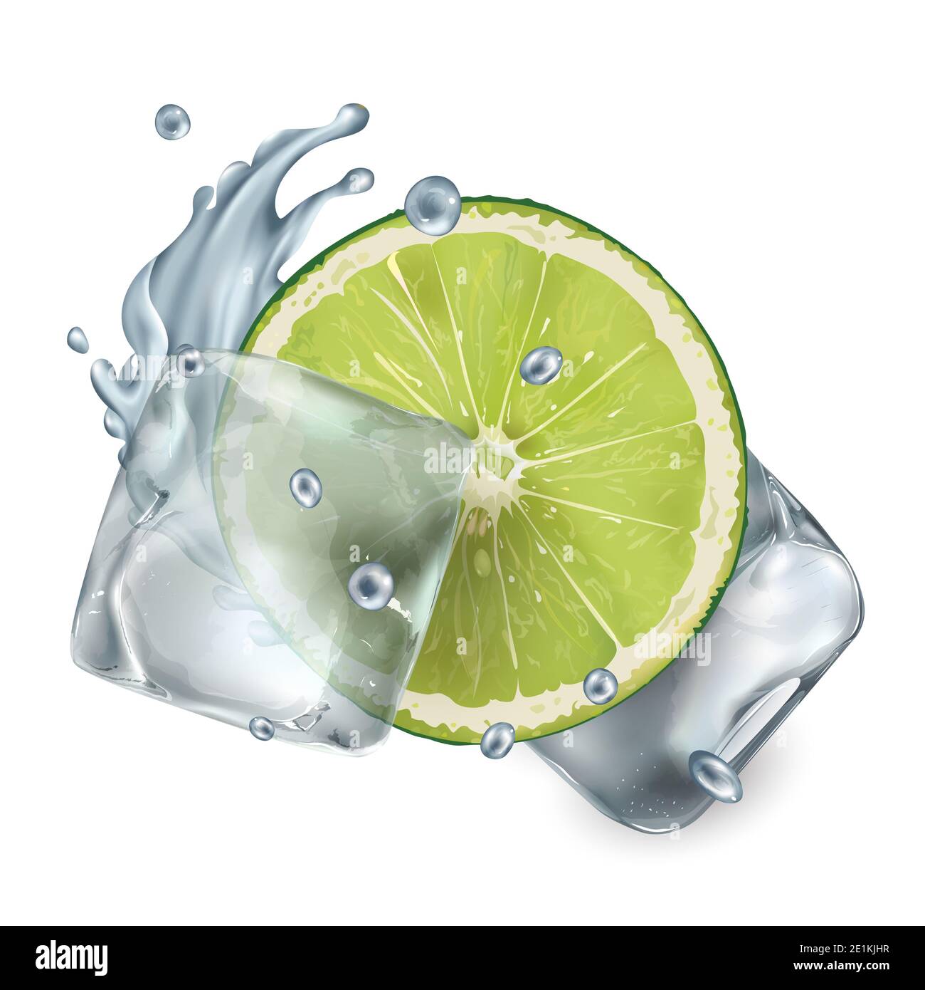 Half a lime with ice cubes and water splash Stock Photo