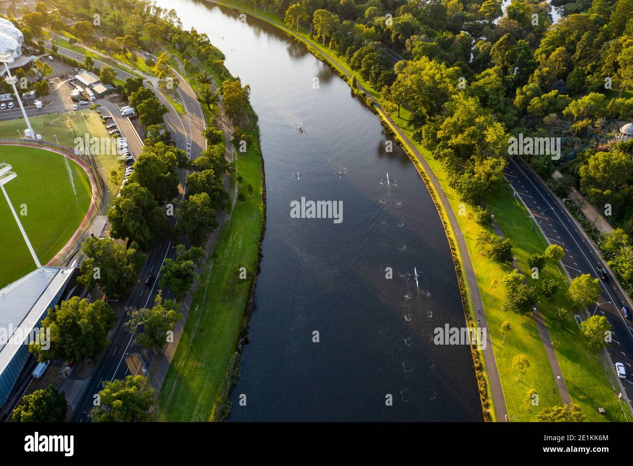 Aerial view of rowing teams on the Yarra Rive at sunrise in Melbourne, Australia Stock Photo