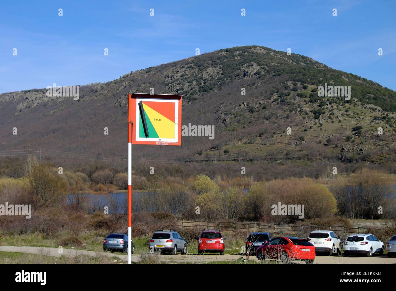 A simple anemometer next to the heliport of Lozoya del Valle in the Community of Madrid. Stock Photo