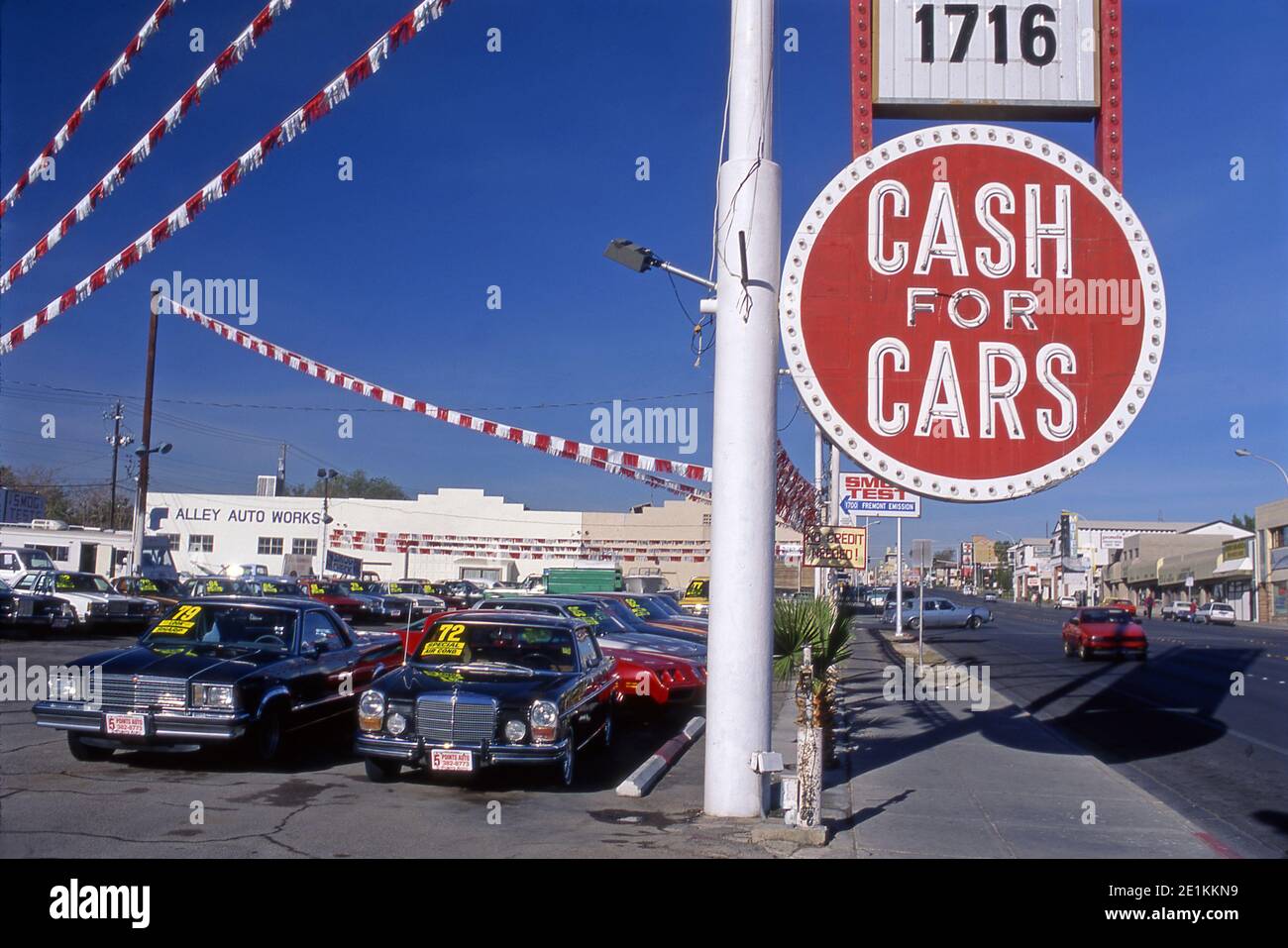 Used car lot on Fremont Street in Las Vegas, Nevada circa 1970s Stock