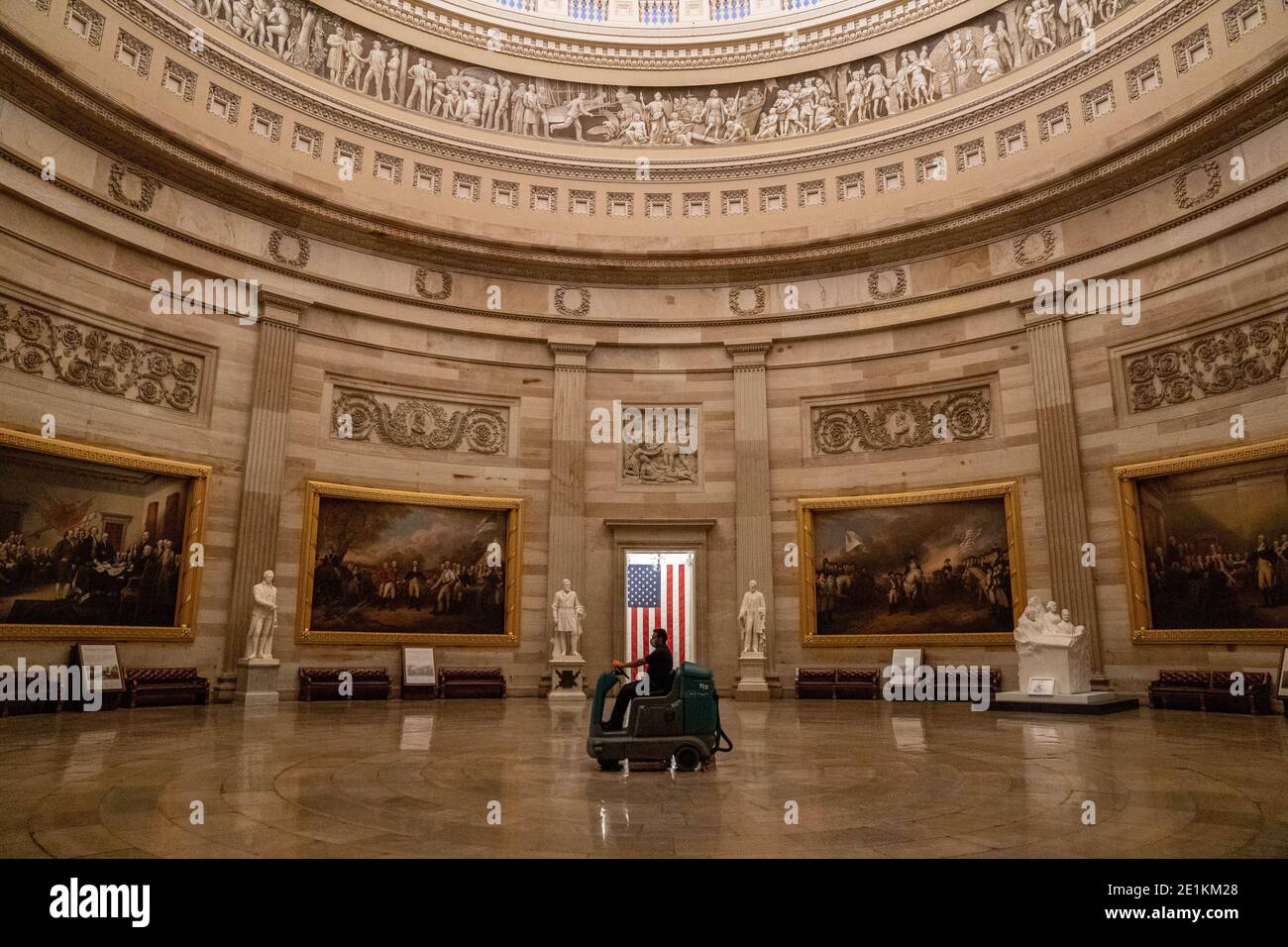 Washington, United States. 07th Jan, 2021. A worker cleans the floor of the Rotunda at the U.S. Capitol in Washington, DC on Wednesday, January 7, 2021. Pro-Trump rioters breached the security perimeter Jan 6 and penetrated the U.S. Capitol to protest against the Electoral College vote count that would certify President-elect Joe Biden as the winner. Photo by Ken Cedeno/UPI Credit: UPI/Alamy Live News Stock Photo